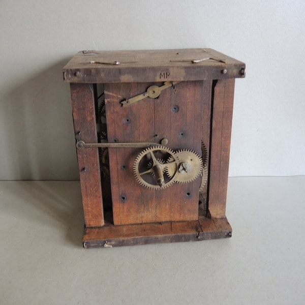 Antique 1800 Black Forest Clock wooden case Movement / German Wall Clock Parts gears Dial Gustav Becker Junghans / Art assemblage collage D