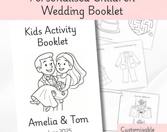 May include: A white, half-fold A5 size booklet for children, featuring a black and white illustration of a bride and groom. The cover reads "Kids Activity Booklet" and is personalized with the names "Amelia & Tom" and the date "June 2025".
