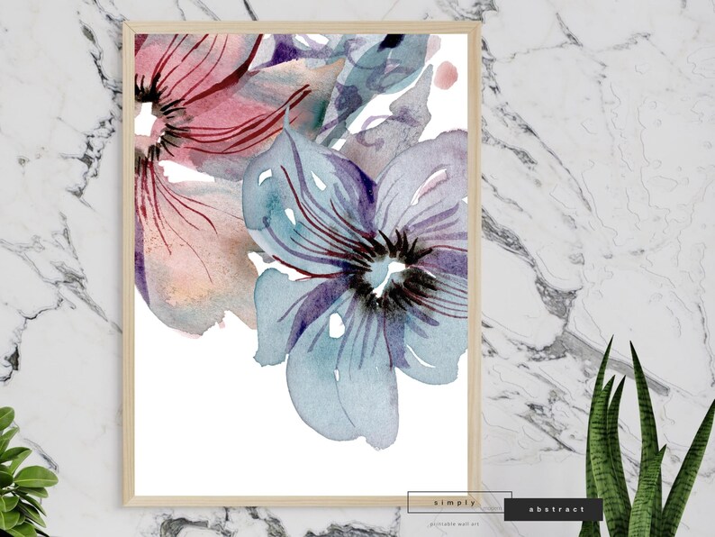 Pink and Blue Watercolor Flowers Wall Art Print Digital Etsy