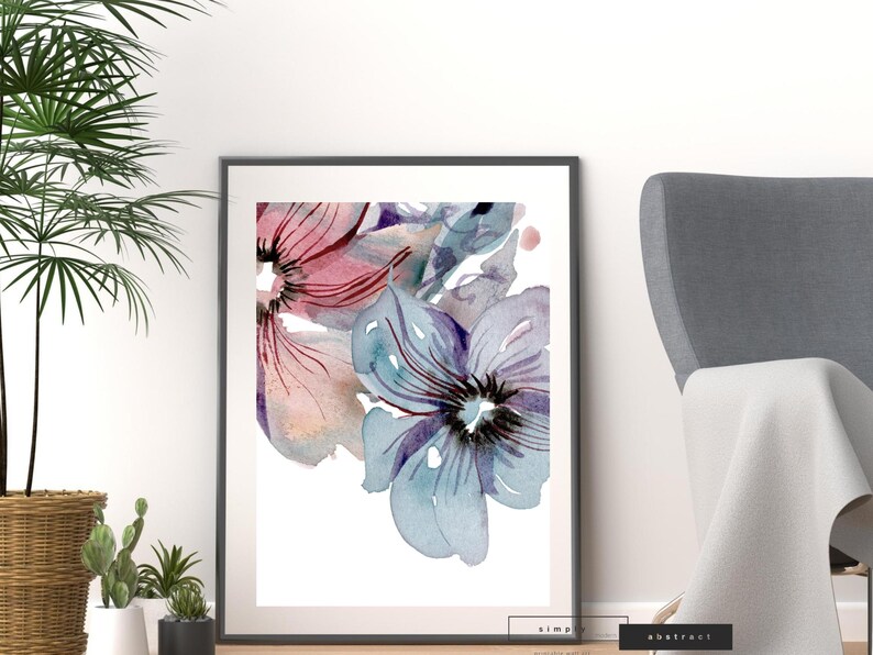 Pink and Blue Watercolor Flowers Wall Art Print Digital Etsy