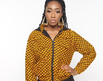 African Print Bomber Jacket, Wax Prints Ankara Bomber Jackets With Cargo Pockets and Hoodie, Women Handmade Winter Party Wear Clothing