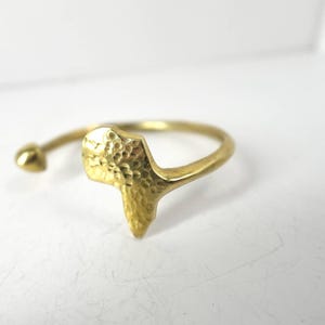 Puede incluir: Un anillo dorado con un diseño texturizado. El anillo presenta una forma estilizada, posiblemente un contorno geográfico, y un pequeño detalle redondeado en el extremo de la banda. El anillo está hecho de un material metálico brillante.