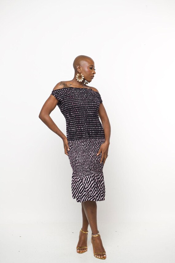 African Print Off-Shoulder Midi Dress: Handmade Smocked Bodycon