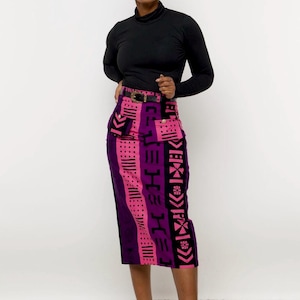 Handmade African Print Midi Skirt: High-Waisted Ankara, Purple & Pink