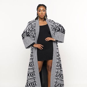 Houndstooth Kimono Robe – Lightweight Long Black & White Duster African-Inspired Belted Cover-Up for Women | Elegant Resort, Festival wear
