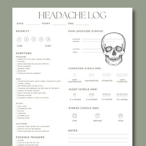 Headache Log | Instant PDF download, printable | Keep track of headaches, migraines, symptoms | Print or use with iPad, GoodNotes