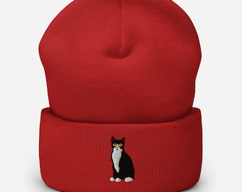 Tuxedo Cat Embroidered Beanie | Tuxedo Cat Lover Gift | Cat 