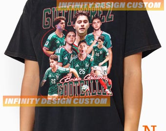 May include: A black short-sleeve t-shirt featuring a collage of a soccer player in a green jersey with the text "GUTIERREZ" at the top and "Brian Gutierrez FOOTBALLER" at the bottom. The graphic includes multiple images of the athlete in action.