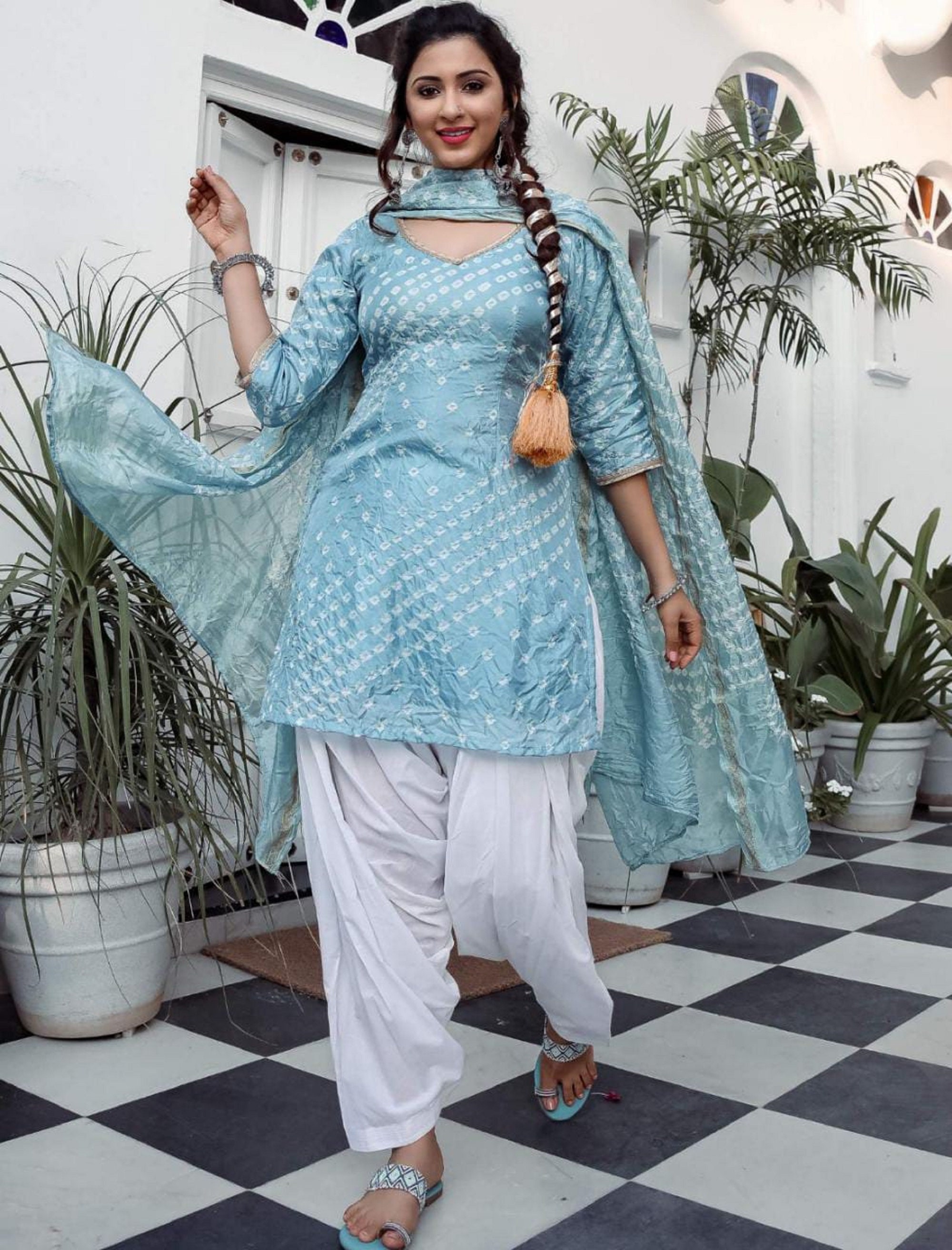 Sky Blue Punjabi Sleeveless Kurti Patiala Pant Dupatta Suit Salwar Kameez