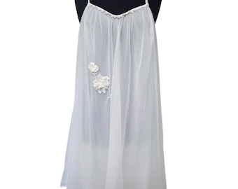 Vintage Sheer White Babydoll Nightgown Lace Floral Applique Slip Dress M / L