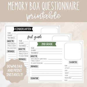 Memory Box Questionnaire  l  Printable Kids Interview Questions  l  PDF Digital Download  l  Childrens School Filing Box  l  Keepsake Tote