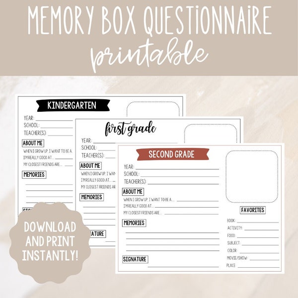 Memory Box Questionnaire  l  Printable Kids Interview Questions  l  PDF Digital Download  l  Childrens School Filing Box  l  Keepsake Tote