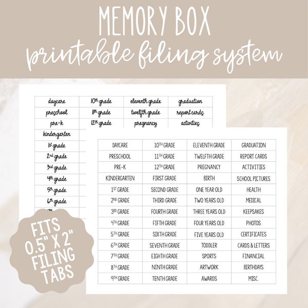 Printable Memory Box Filing System  l  Keepsake Box  l  Milestone Tote Labels  l  Kids DIY Tote Labels l  File Tabs for School Box l 52 tabs