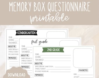 Cuestionario de Memory Box l Preguntas de entrevista para niños imprimibles l Descarga digital PDF l Caja de archivo escolar para niños l Tote de recuerdos