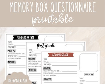 Memory Box Questionnaire  l  Printable Kids Interview Questions  l  PDF Digital Download  l  Childrens School Filing Box  l  Keepsake Tote