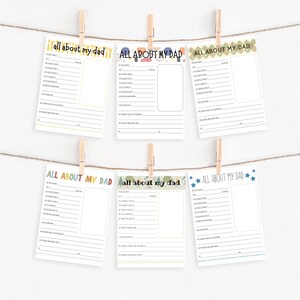 Pu&ograve; includere: Sei questionari stampabili "Tutto su mio pap&agrave;" da compilare con diversi design colorati. Ogni questionario contiene una variet&agrave; di domande su un padre, come "Il nome di mio pap&agrave; &egrave;", "Il colore preferito di mio pap&agrave; &egrave;" e "La cosa preferita di mio pap&agrave; da fare &egrave;".