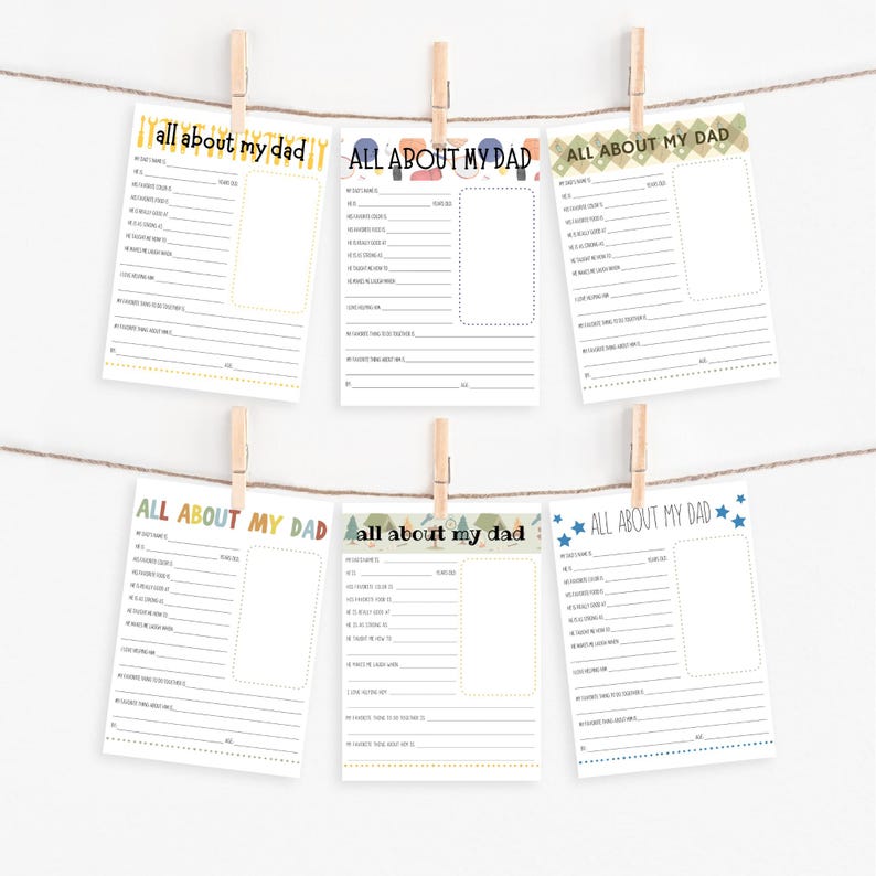 Pu&ograve; includere: Sei questionari stampabili "Tutto su mio pap&agrave;" da compilare con diversi design colorati. Ogni questionario contiene una variet&agrave; di domande su un padre, come "Il nome di mio pap&agrave; &egrave;", "Il colore preferito di mio pap&agrave; &egrave;" e "La cosa preferita di mio pap&agrave; da fare &egrave;".