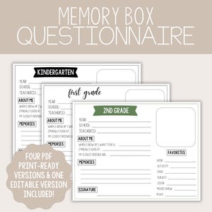 Questionnaire boîte à souvenirs l Questions d'entretien imprimables pour enfants l Téléchargement numérique au format PDF l Boîte de classement scolaire pour enfants l Fourre-tout souvenir