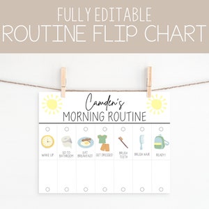 May include: A printable morning routine chart with a yellow sun and the text "Camden's Morning Routine". The chart has seven steps: wake up, go to bathroom, eat breakfast, get dressed, brush teeth, brush hair, and ready!