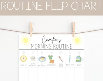 May include: A printable morning routine chart with a yellow sun and the text "Camden's Morning Routine". The chart has seven steps: wake up, go to bathroom, eat breakfast, get dressed, brush teeth, brush hair, and ready!