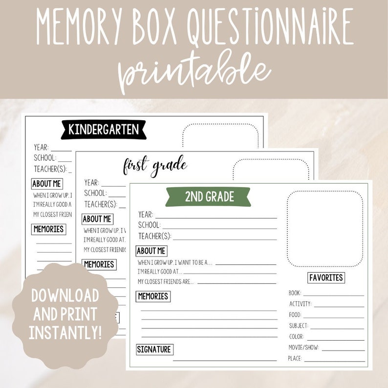 Memory Box Questionnaire l Printable Kids Interview Questions l PDF Digital Download l Childrens School Filing Box l Keepsake Tote image 1