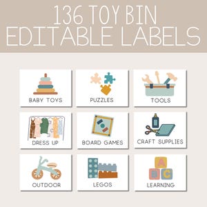 May include: Nine colorful labels for toy bins with illustrations of common toys. The labels include: Baby Toys, Puzzles, Tools, Dress Up, Board Games, Craft Supplies, Outdoor, Legos, and Learning.