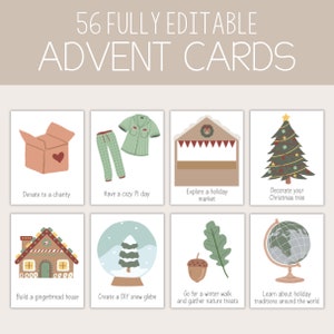 May include: 56 printable Advent cards with illustrations of activities to do each day in December, such as donating to charity, having a cozy PJ day, exploring a holiday market, decorating a Christmas tree, building a gingerbread house, creating a DIY snow globe, going for a winter walk, and learning about holiday traditions around the world.