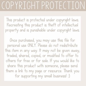 Pu&ograve; includere: Testo su uno sfondo beige che spiega la protezione del copyright e le condizioni d'uso per un prodotto digitale. Il testo recita: "COPYRIGHT PROTECTION Questo prodotto &egrave; protetto dalle leggi sul copyright. Ricreare questo prodotto &egrave; un furto di propriet&agrave; intellettuale ed &egrave; punibile ai sensi delle leggi sul copyright. Una volta acquistato, puoi utilizzare questo file solo per uso personale. Si prega di non ridistribuire questo articolo in alcun modo. Non pu&ograve; essere regalato, scambiato, condiviso, copiato o modificato per essere offerto ad altri gratuitamente o in vendita. Se desideri condividere questo prodotto con qualcuno, inviagli un link alla mia pagina o risorsa. Grazie per il supporto alla mia piccola attivit&agrave;! :)"