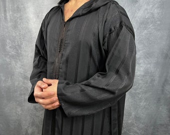 FULL BLACK Hooded Long Sleeve Thobe Djellaba Gandoura | Jubba Qamis Thawb | Islamic Gift | Ramadan | Jummah | Eid | Wedding Thobe Black