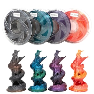 May include: Four spools of filament for 3D printing. The spools are black, teal, purple, and orange. The filament is wound around the spools and is ready to be used in a 3D printer.