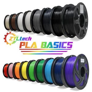 May include: A collection of 15 spools of PLA filament for 3D printing. The spools are arranged in two rows, with the top row featuring a variety of neutral colors, including brown, white, gray, and black. The bottom row features a rainbow of colors, including pink, orange, yellow, green, blue, and purple. The spools are labeled "ZYLTtech PLA BASICS".