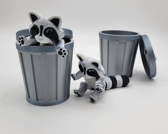 Raccoon 3D printed articulated figurine comes with trash can