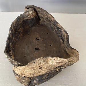 Peut inclure: Un pot de fleurs fait à la main, de forme organique, avec un intérieur brun foncé et un extérieur plus clair et texturé. Le pot a une conception large et ouverte avec des trous de drainage, parfait pour présenter des plantes. Les tons naturels et la forme unique créent une esthétique rustique.