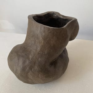 Peut inclure: Un vase en céramique brun foncé fait à la main, de forme organique et asymétrique. Le vase présente une large ouverture irrégulière et une base bulbeuse, avec une surface texturée unique. Cette pièce décorative est idéale pour les fleurs ou comme objet d'art.