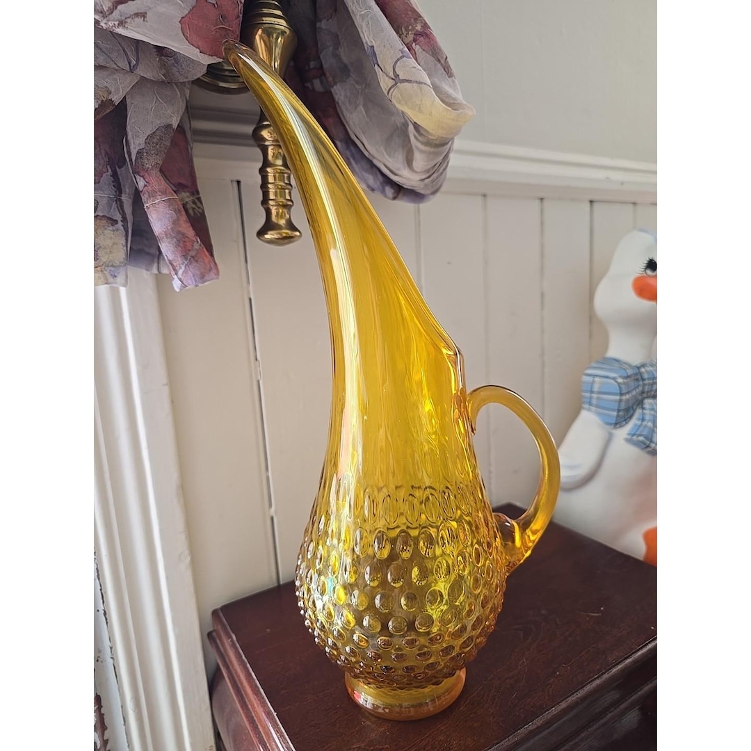 Vintage Amber Hobnail Glass Hummingbird Pitcher 13