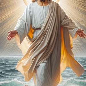 Peut inclure: Une peinture représentant Jésus-Christ marchant sur l'eau, avec un homme qui lui tend la main depuis l'eau en contrebas. Jésus porte une robe blanche et a une longue barbe. L'eau est d'un bleu profond et le ciel est d'un bleu clair.