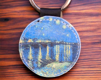 Van Goghs Starry Night Over the Rhône Vegan Leather Keychain