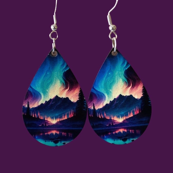 Aurora Borealis over Mountains Earrings, Stocking Stuffer Gift