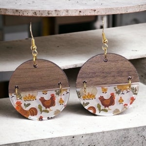 Chicken Earrings Wood and Acrylic