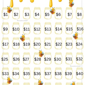 May include: A savings tracker titled "HONEY POT" with a design of honey dripping from the top. It features 48 jars, each labeled with a dollar amount, and cute bee illustrations. The amount saved is $1176.