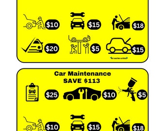 May include: A yellow sign with black text and icons showing different car maintenance services and their prices. The sign says "Car Maintenance SAVE $113".