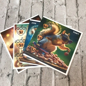 May include: Four colorful cards with images of squirrels and the words "JOSE" and "PINKY" on them. Each card has a price tag with a dollar amount on it. The prices are $1, $2, $4, $5, and $6.