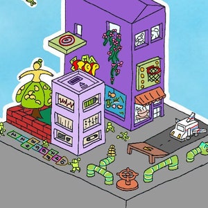 以下が含まれることがあります： 屋根が赤で、上に黄色いアンテナが付いた紫色の建物。建物には「Fla Pop」と書かれた看板とバスケットボールのフープがあります。建物の側面には緑色の植物が生えています。建物は、緑色のヘビ、茶色のテーブル、白いバンがある灰色のプラットフォームの上にあります。