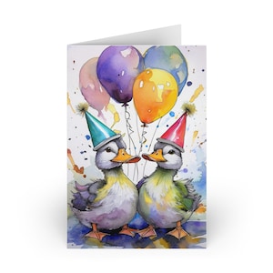 Cartes de voeux fantaisistes d'anniversaire de canard - Célébrez avec des ballons amusants, colorés, parfaits pour tout le monde, 1 ou 10 pièces