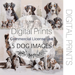 5 pinturas digitales de perros, impresiones para uso personal o comercial, postales, arte mural, decoración, imágenes para regalos, festividades y artículos de merchandising.