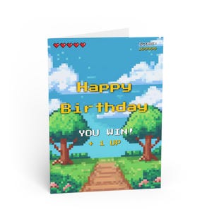 Cartes d'anniversaire de jeu vidéo rétro, carte de voeux amusante de style arcade, voeux d'anniversaire de joueur, carte-cadeau unique, vous gagnez + 1 ou plus