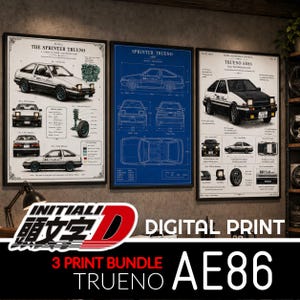May include: A set of three framed digital prints featuring the Sprinter Trueno AE86. The prints include diagrams, blueprints, and illustrations of the car. The bottom of the image has the text "3 PRINT BUNDLE TRUENO AE86".