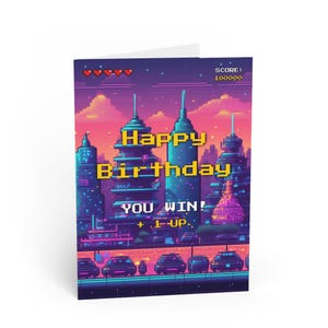 Cartão de aniversário retrô para gamer, cartão de pixel art, cartão de 8 bits, cartão para amantes de jogos, desejos de aniversário, cartão divertido para gamers