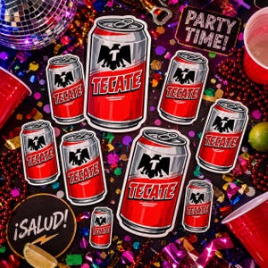 May include: A collection of Tecate beer can stickers in various sizes, featuring a red and silver design with the brand name and logo. The image includes party-themed decorations and the text "Party Time!" and "¡SALUD!".