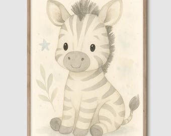 Baby Zebra Nursery Wall Art | Safari Watercolor Animal Print | Digital Download Baby Room Decor